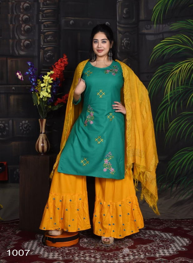 Green Tomato Sonpari Rayon Designer Fancy Ethnic Wear Kurti Sharara And Dupatta Collection